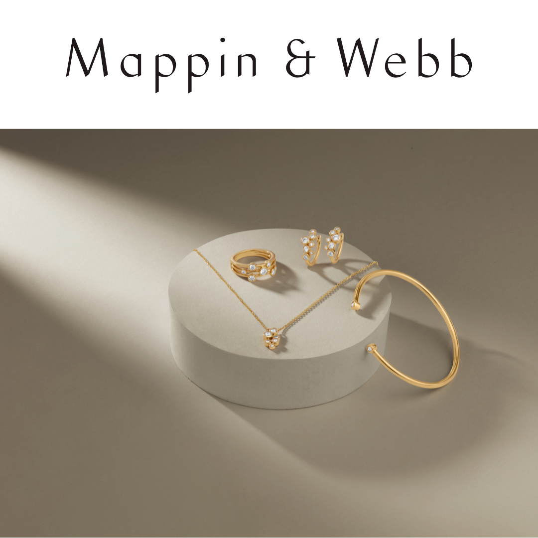 Image of black logo  with gold jewellery Mappin & Webb