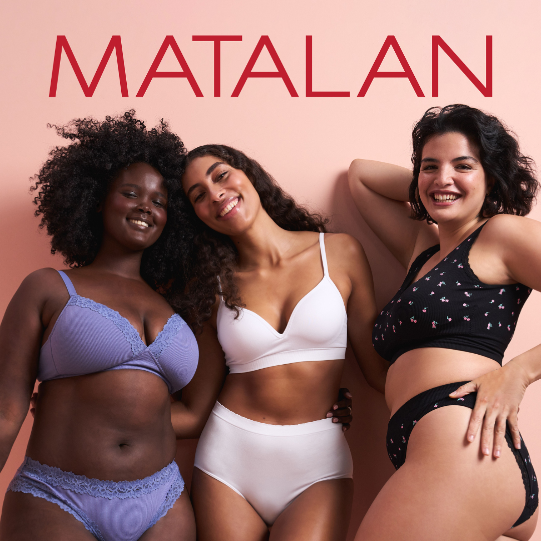 A photo of three women wearing underwear smiling at the camera. The red text at the top of the image says 'Matalan'.