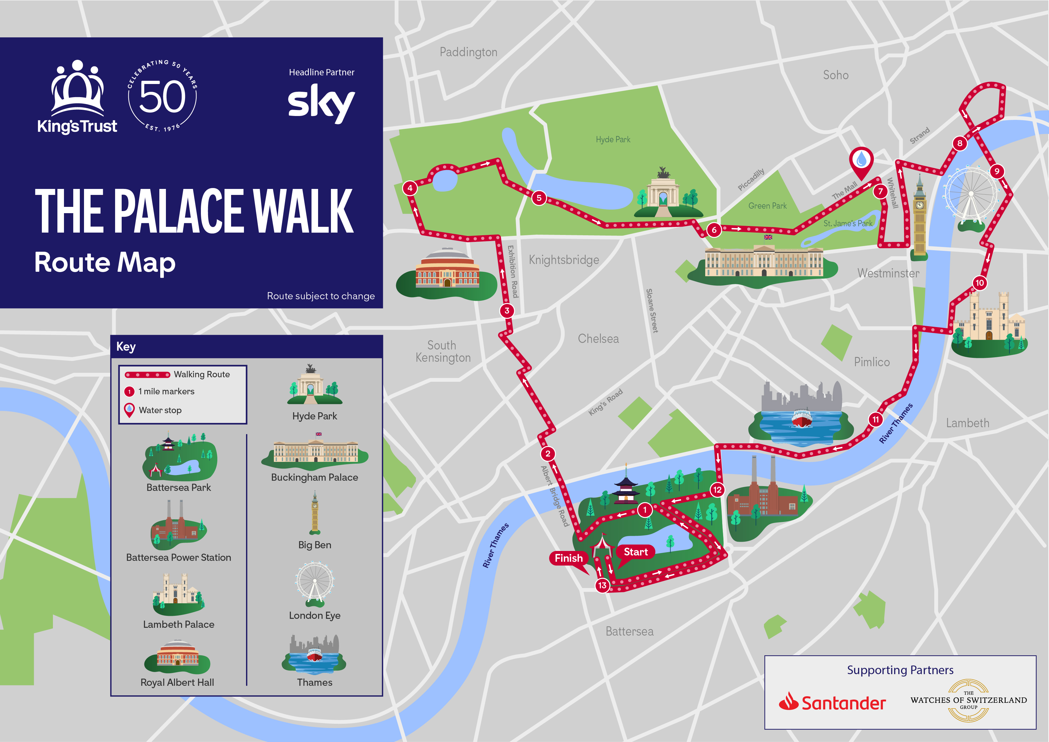 A map which shows the 13.1 mile route for The Palace Walk 2026.