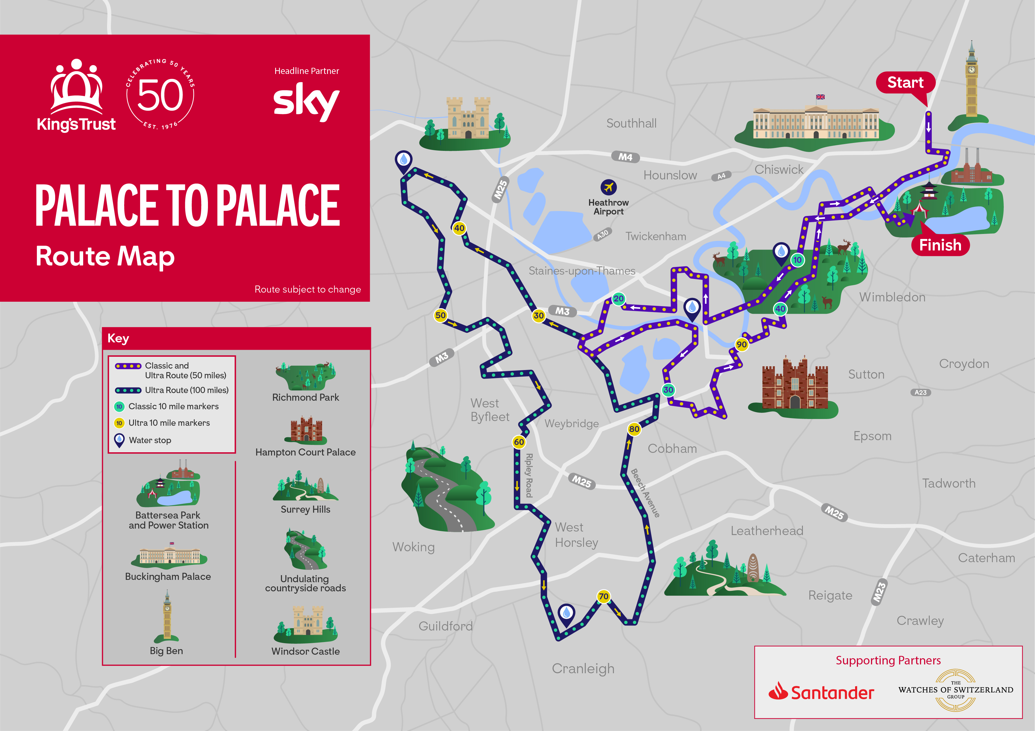 A map which shows the 50 mile and 100 mile routes for Palace to Palace 2026.